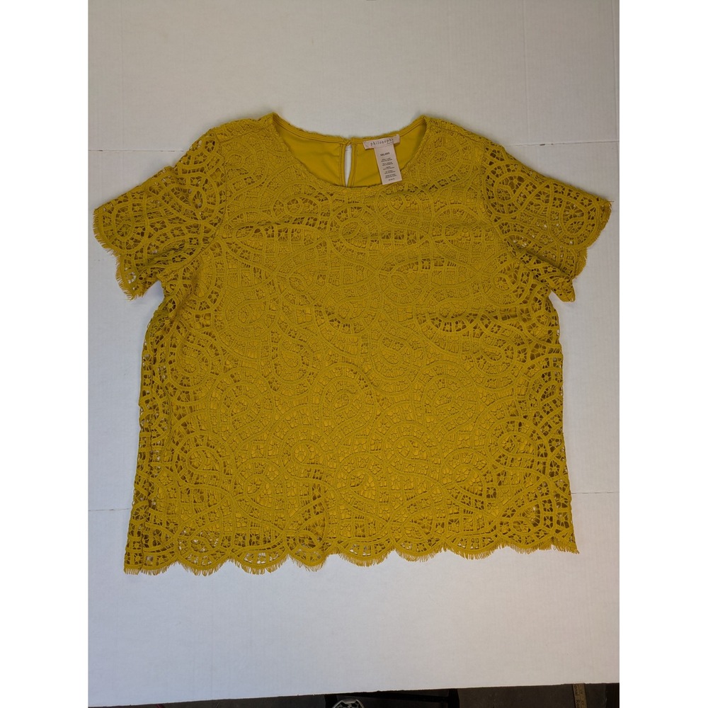 Philosophy Lace Top Women XXL 2X Yellow Mustard Short Sleeve Blouse Scallop Boho